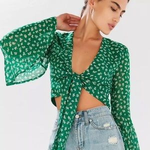 Urban Outfitters Tie-Front Bell-Sleeve Cropped Top